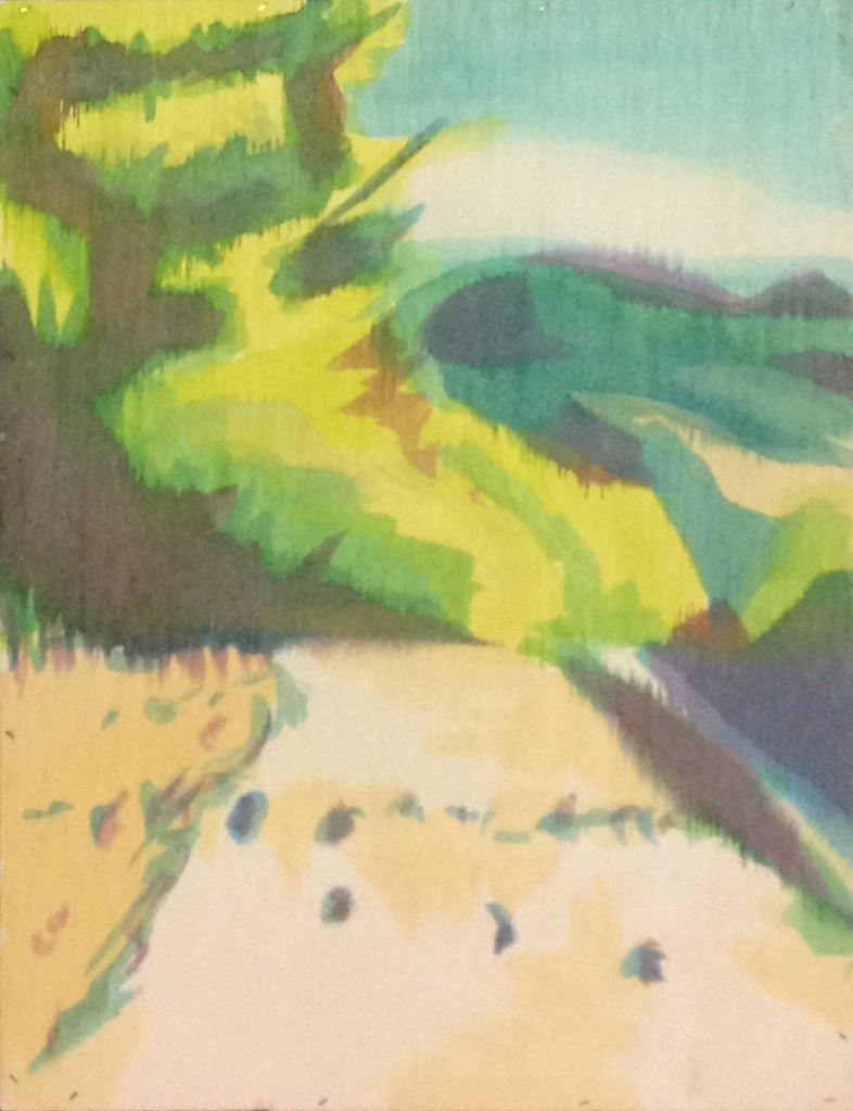 Abstract landscape painting featuring vibrant green trees and rolling hills under a pastel blue sky.