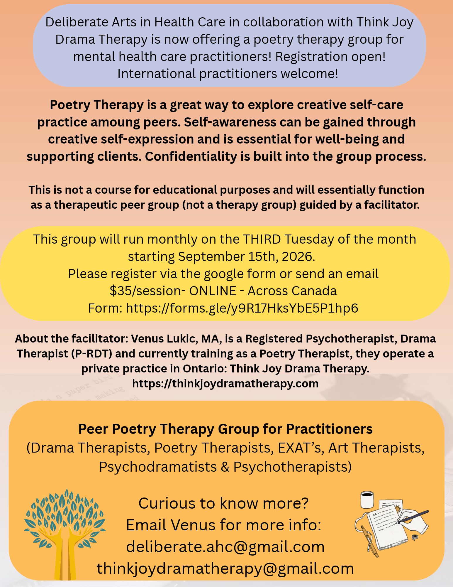 Promotional graphic for a poetry therapy group for mental health practitioners, highlighting details about the program, registration information, and facilitator background.